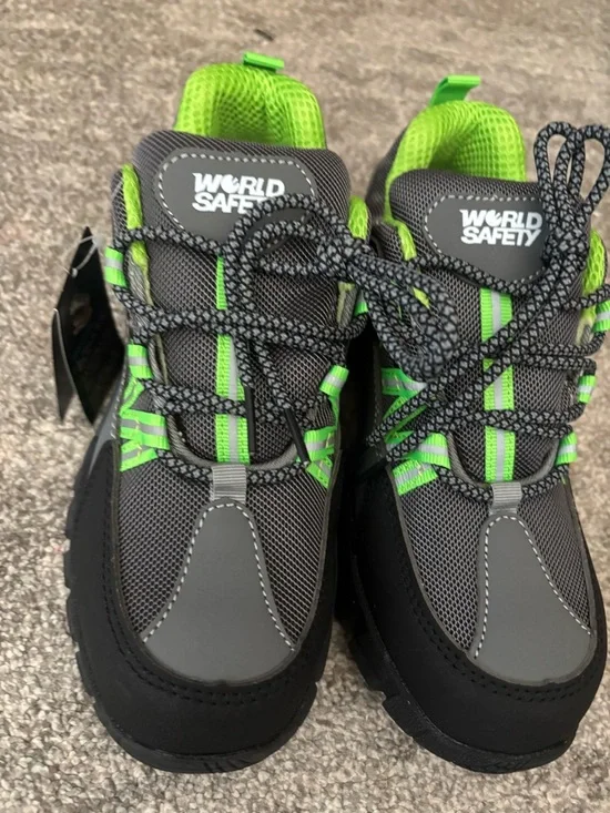Boy Safety Sneakers Size 5.5’Black Gray Neon Green Lace Up Rugged Athletic Shoes - Picture 3 of 11